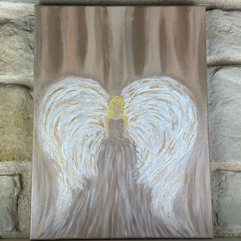 12x16 Hand painted mixed media Angel painting on canvas neutrals gold metallic - Picture 3 of 17